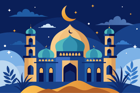 Islamic Mosque Illustration Background with Crescent Moon and Night Skyのイラスト素材