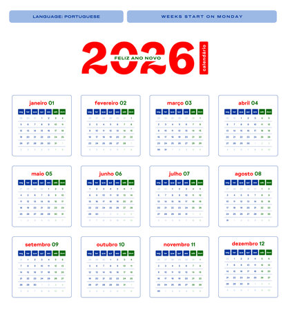2026 Portuguese one-page annual calendar, minimalist printable planner design, week starts on Mondayのイラスト素材