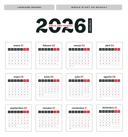 2026 Spanish one-page annual calendar, minimalist printable planner design, week starts on Mondayのイラスト素材