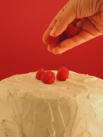 White cake with raspberries on red background, closeup of photo