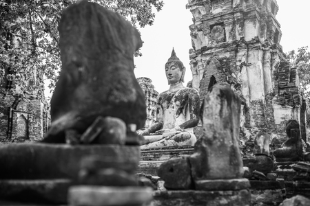 Old buddha statue in temple at Ayutthaya, Thailand, black&whiteの写真素材