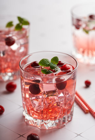 Cranberry cocktail with mint garnish and ice.の写真素材