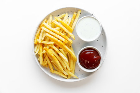 Fresh fried french fries with 2 sauces isolated on white background. Top viewの写真素材