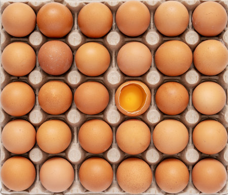 Brown hen eggs in carton boxの写真素材