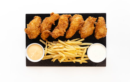 Mega Tasty crispy chicken wings with fries and 2 saucesの写真素材