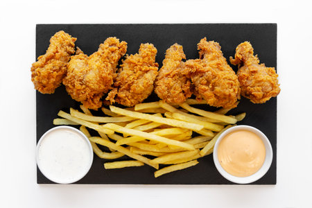 Mega Tasty crispy chicken wings with fries and 2 saucesの写真素材
