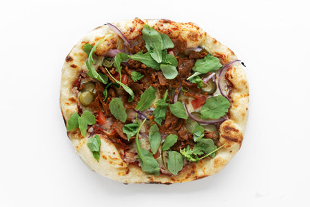 Pizza on isolated on white background. Pizza top view.の写真素材