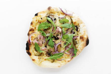 Pizza with mushrooms, basil, tuna isolated on white background. Pizza top view.の写真素材