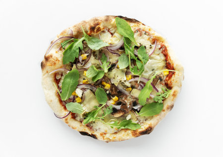 Veggie pizza isolated on white background. Pizza top view.の写真素材