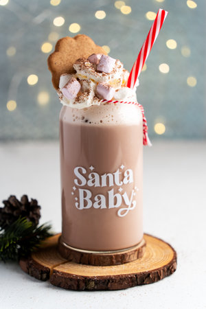 Hot chocolate with whipped cream served with a candy cane, marshmallows, and gingerbread star, front view.の写真素材