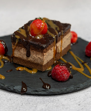 Chocolate cake with caramel sauce. Slice. Side viewの写真素材