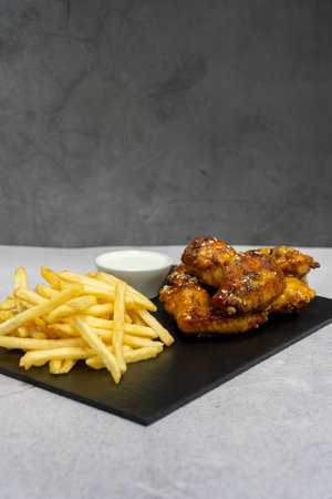 Delicious fast food chicken wings with friesの写真素材