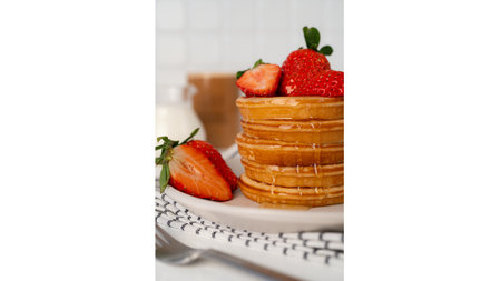 Tasty pancakes with fresh strawberry and sweet honey on plate. Healthy breakfasts