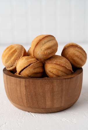Cookies Nuts with condensed milk and nuts. Fresh homemade cookies in a shape of nutsの写真素材