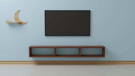 TV in the living room is stuck on the blue wall.3d rendering