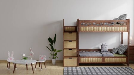 Children's bedroom has a bunk wooden bed with dolls on the bed and a marble table on the side.3D...