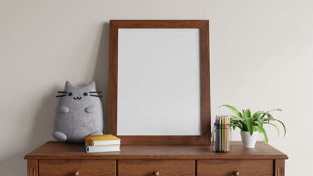mockup poster in a children's room is placed on a wooden table with books and dolls, colored pencils...