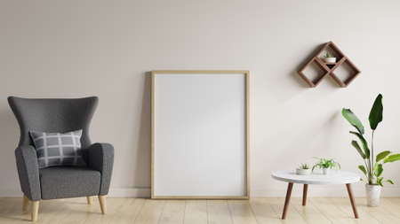 mockup poster in a living room on a wooden floor with a sofa, marble table and flower pots on the sides.3D Renderingの写真素材