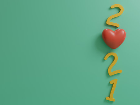 Happy new year with red heart on beautiful green background.3d renderingの写真素材