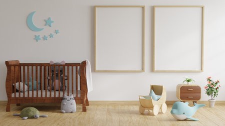 Children's room with bed decorated with trees and dolls with picture frames on white walls.3d renderingの写真素材