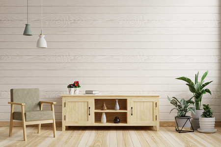 Living room with white wooden walls is blank. There are hanging lamps, decorated with TV cabinets, armchairs and plants.3d renderingの写真素材