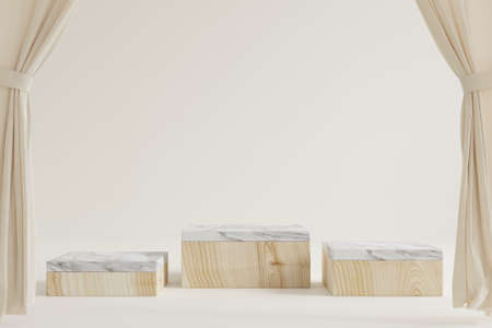 Wooden and marble podium The square has a curtain in front of it and has a cream background.3d renderingの写真素材