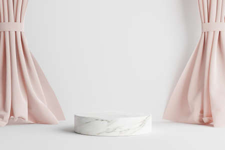 Circular marble podium with a pink curtain in the background on a white background.3d renderingの写真素材