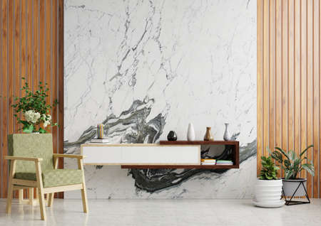 Living room with white marble on wooden wall Decorated with TV cabinets, vases, armchairs and plant...