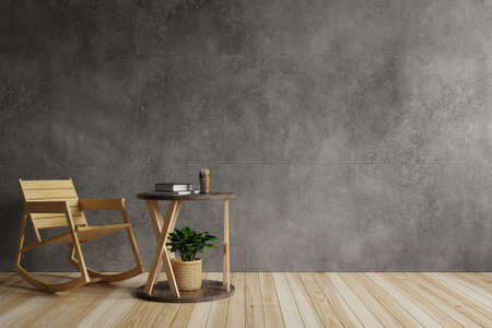 Living room with an empty concrete wall is decorated with a tree table and rocking chair on a...