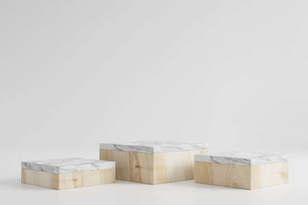 Wooden podium with marble have white background.3d renderingの写真素材