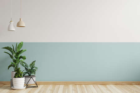White and green wall empty room There is a hanging lamp on the side, there is a plant pot on the...