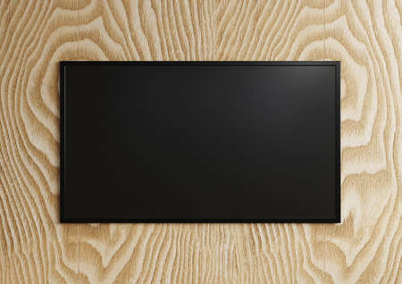 TV mockup on a beautifully patterned wooden wall.3d renderingの写真素材