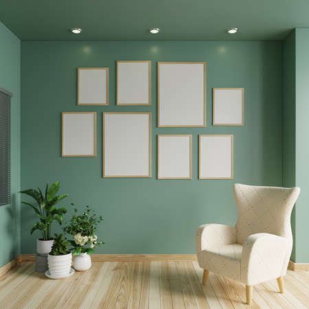 Picture frame on the green wall in the living room with an armchair and plant pots on the floor.3d...