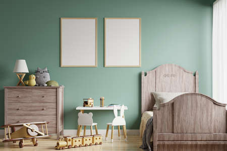 Picture frame on the green wall in the children's room with the bed by the window. Decorated with dolls and toys.3d renderingの写真素材