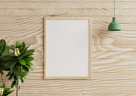 Photo frame mockup on a beautiful wooden wall in the living room With hanging lamps and flower pots...