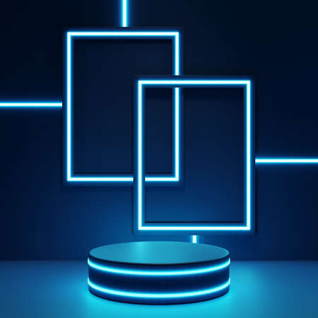 Podium is decorated with blue neon lights and a blue neon light frame as a background.3d renderingの写真素材
