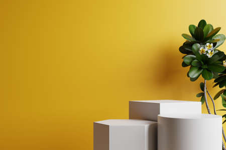 White podium with green plants on the sides and beautiful yellow background.3d rendering