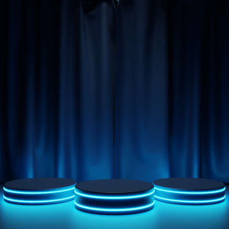 Podium with blue neon lights and dark blue curtains as a background.3d renderingの写真素材