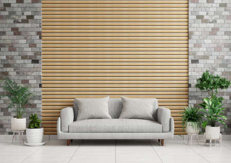 Living room with a sofa on the floor, plant pots on the sides and a wooden wall in the back.3d renderingの写真素材