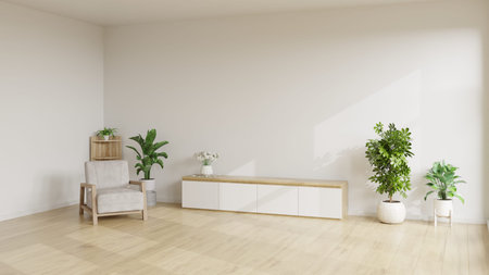 Minimal Living Room Interior with Natural Light and Wooden Floor.3D rendering.