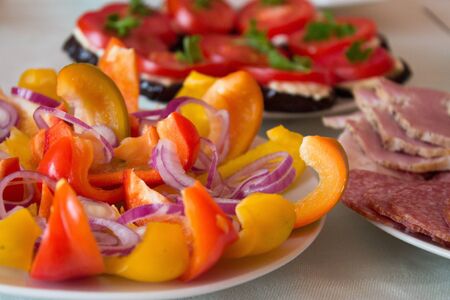 yellow, red pepper, tomatos and purple onion salad and meat on white plates on tableの写真素材