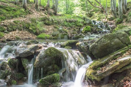 small waterfall in mountain forestの写真素材