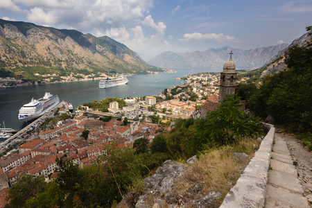 Landscape view on Boka Kotor Bay, old town and mountains  in Montenegroのeditorial素材