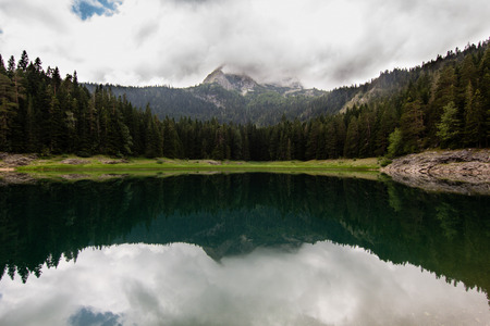lake in green forest of pine trees in mountainsの写真素材