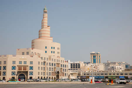 Doha, Qatar - March 2, 2020: View on Al Fanar spiral tower of Abdullah Bin Zaid Al Mahmoud Islamic...