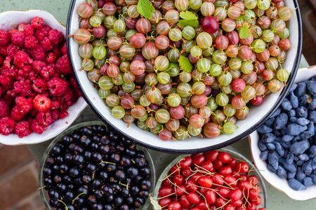 Summer berries background, gooseberries, black currant, barberry in bowl, healthy organic home grown vitamins eatingの写真素材