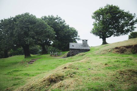 Stone house with outdoor table and benches near magical endemic laurel trees in Fanal laurisilva...
