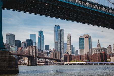 Manhattan Bridge and view on New York downtown, cityscape of Manhattan, USAの写真素材