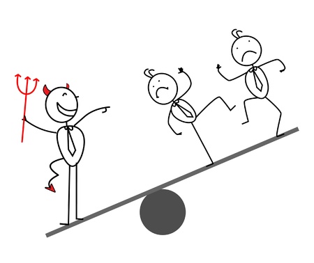 One Devil business man on a scale is worth his weight compared to a group of workers  のイラスト素材