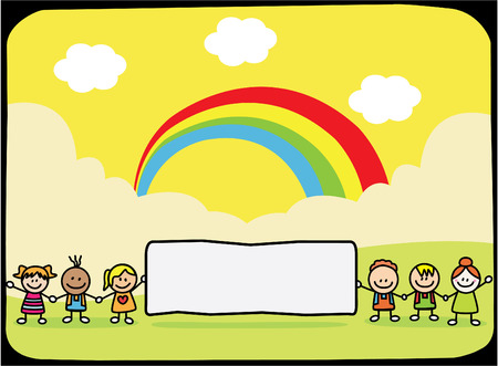 Happy children holding banner at park when summerのイラスト素材